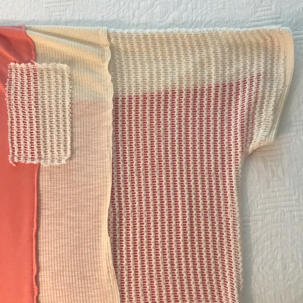 POL Salmon Pink & Cream Crochet Patchwork Color Block Boho Knit Top L - Picture 7 of 14